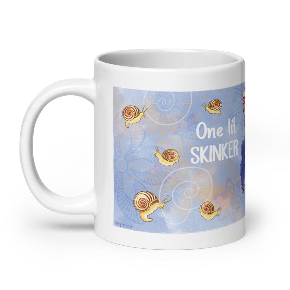 A white ceramic mug featuring a light blue wraparound graphic print with cartoon snails, spiral patterns, and the text &