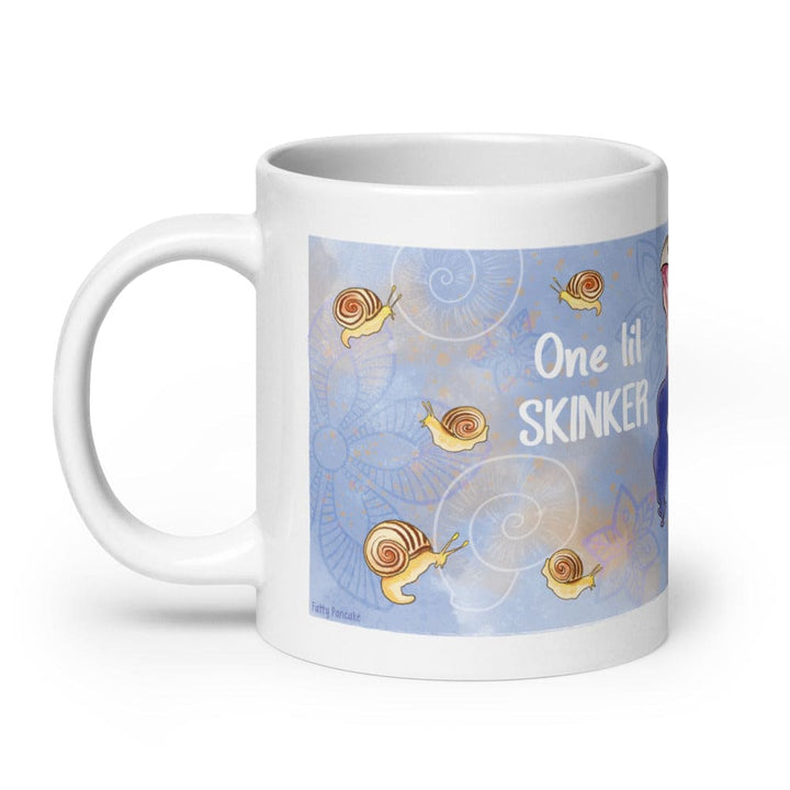 A white ceramic mug featuring a light blue wraparound graphic print with cartoon snails, spiral patterns, and the text &