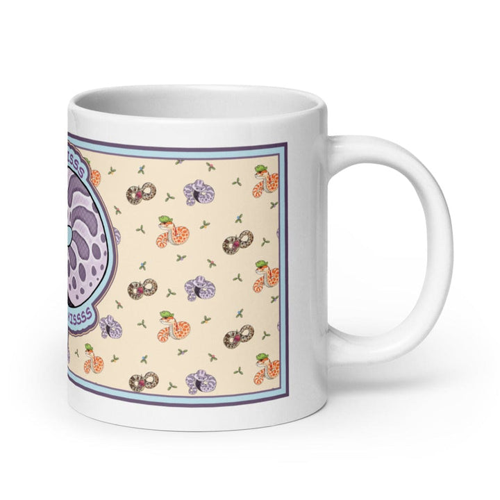 Left side of Hognose Hiss Hiss Hiss mug. The mug has a full color wrap with some white ceramic on the handle and top and bottom. This is the 20oz size.