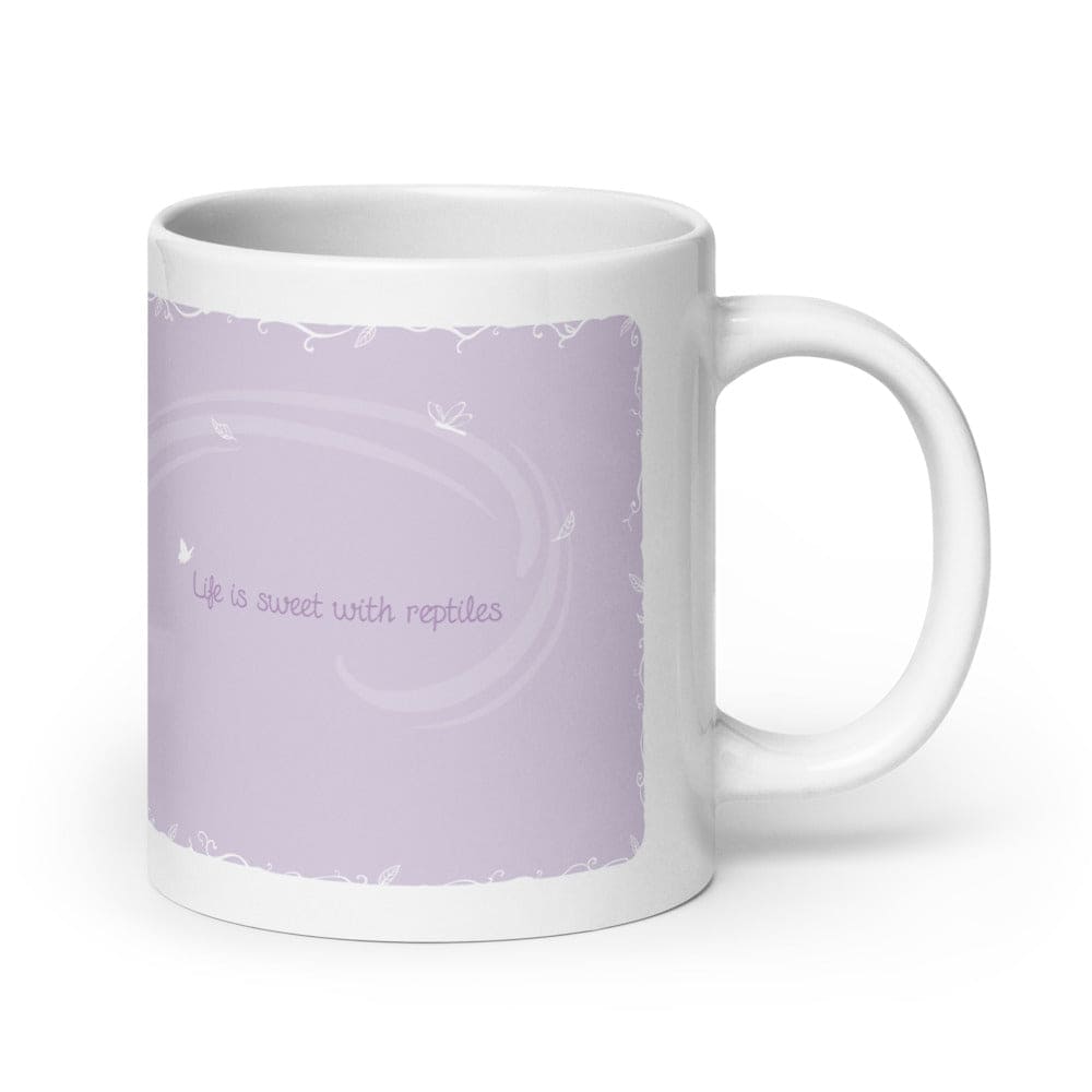 A white ceramic mug featuring a lavender purple printed graphic with the text &