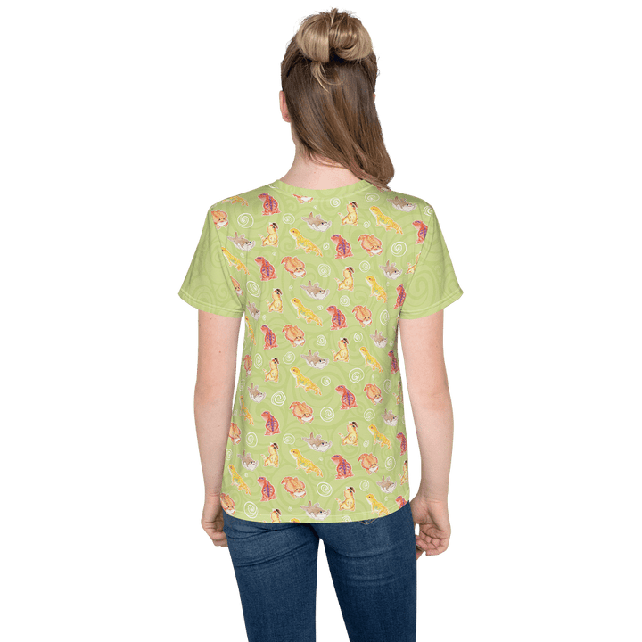 Rear of soft green youth tee with many bearded dragons.