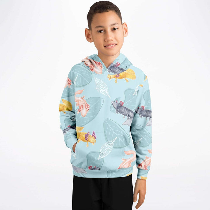 Axolotl with Leaves Kids Hoodie, All-over print Cute Amphibian Pullover