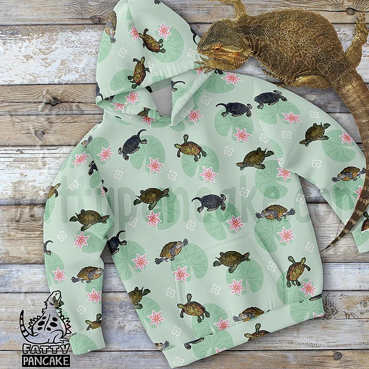 Turtle with Lilly Pads Kids Hoodie, Cute Reptile Gift Pullover