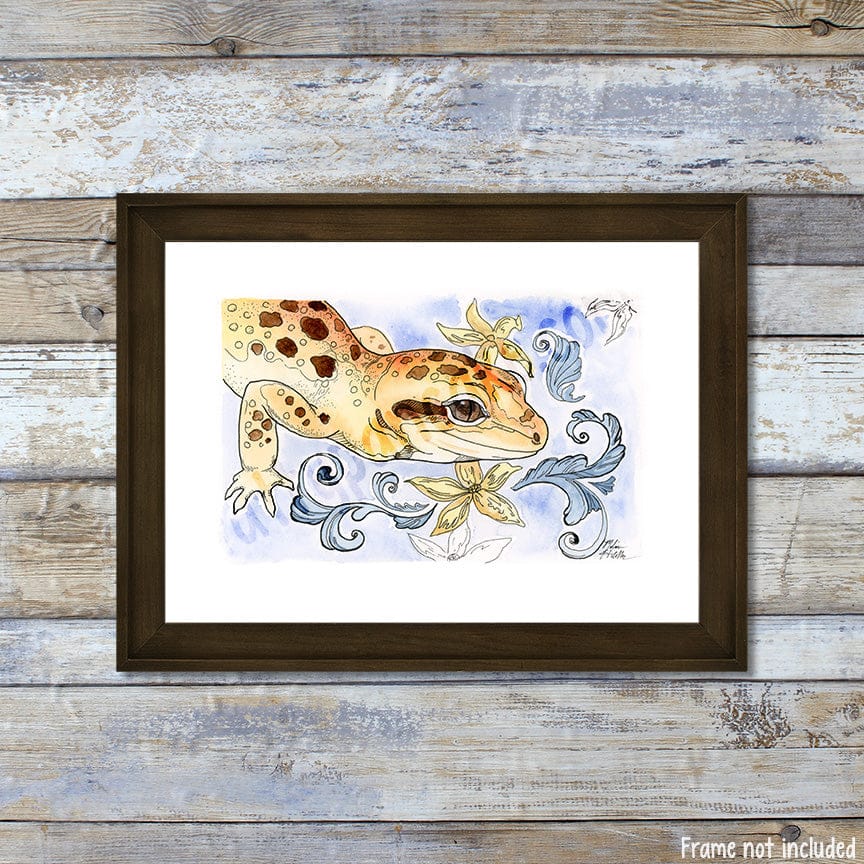 Leopard Gecko acuarela y pluma y tinta arte impresión, decoración de pared de archivo Giclée