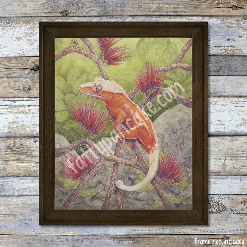 Crested Gecko with Red Flowers Art Print, Giclée Archival Wall Décor