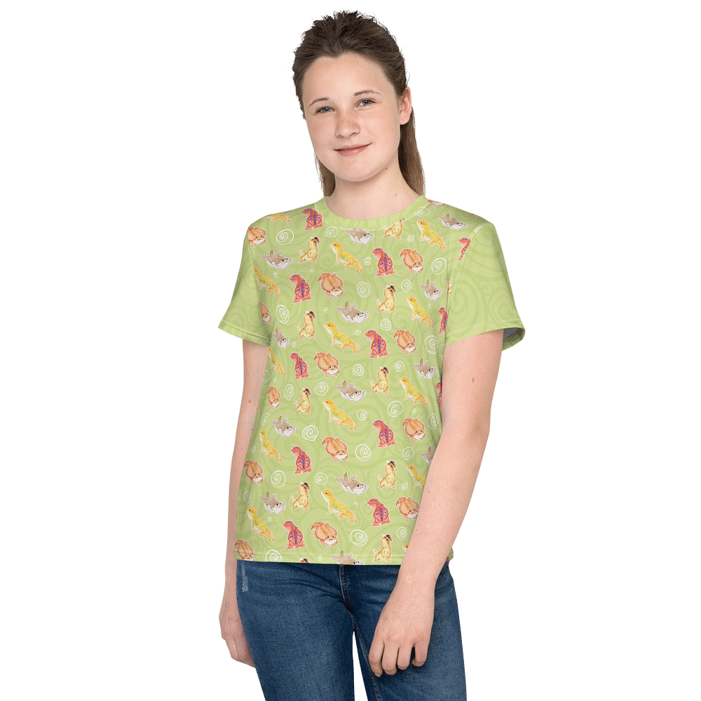 Front of soft green youth tee with many bearded dragons.