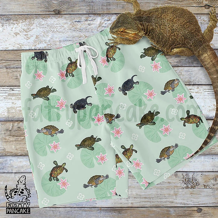 Turtle with Lilly Pads Long Short, Cute Reptile Fashion Bottoms