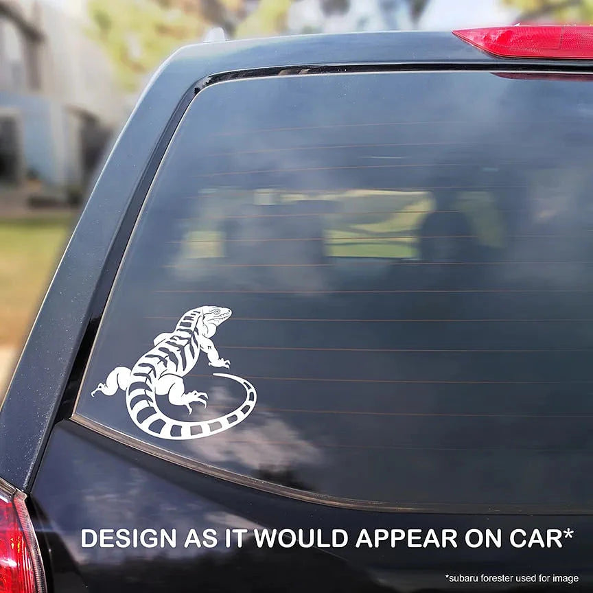 Black and white tegu vinyl decal on car window.