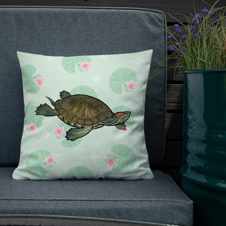 Red Eared Slider with Lilly Pads All Over Print Premium Pillow, Cute Reptile Gift