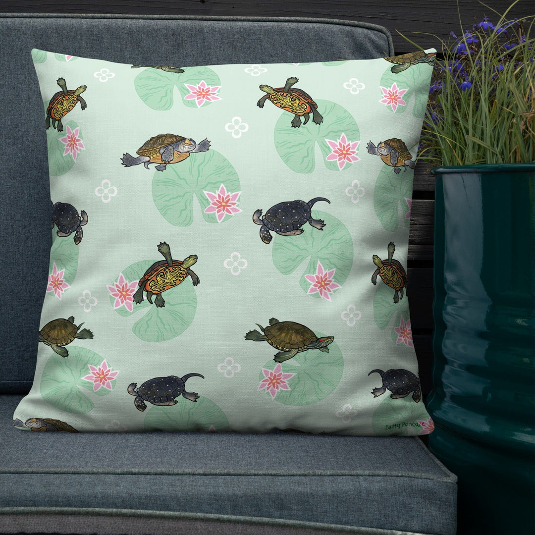 Red Eared Slider with Lilly Pads All Over Print Premium Pillow, Cute Reptile Gift