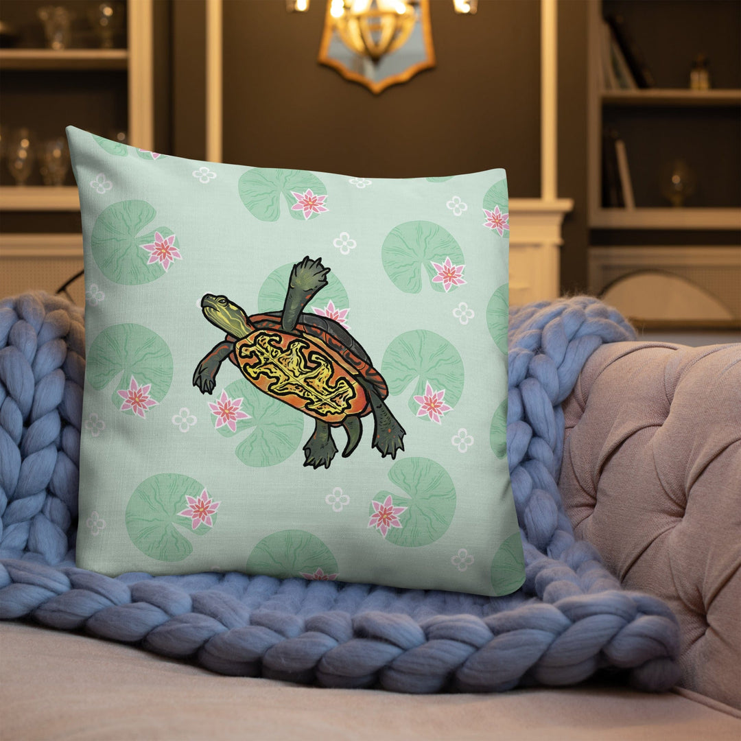 Painted Turtle with Lilly Pads All Over Print Premium Pillow, Cute Reptile Gift
