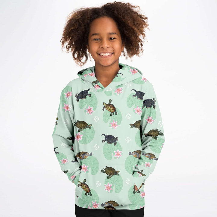 Turtle with Lilly Pads Kids Hoodie, Cute Reptile Gift Pullover