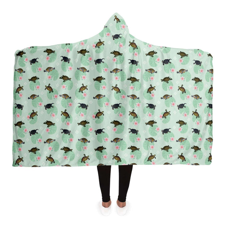 Turtle with Lilly Pads Hooded Blanket, Cute Reptile Throw