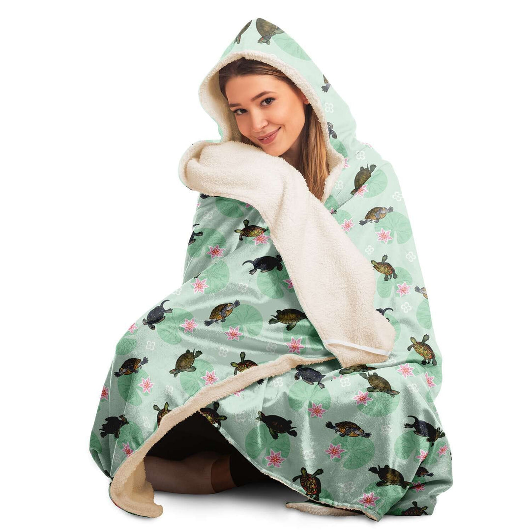 Turtle with Lilly Pads Hooded Blanket, Cute Reptile Throw