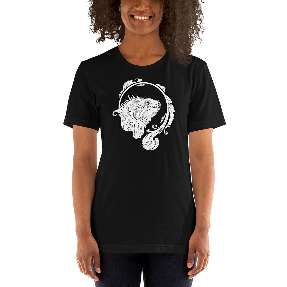 Lady wearing a black crew neck tee with a black and white line art graphic of an iguana with an elegant flourish design swirling around the animal.